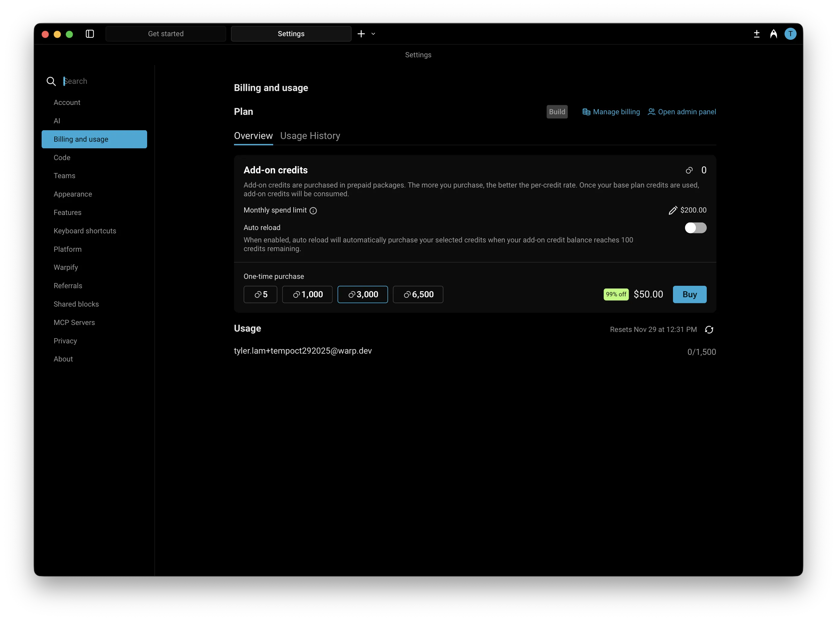 Add-on credits management surface under Settings > Billing and usage.
